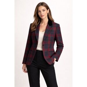 Sage Harbor Plaid Blazer Velvet Collar Women 14 Wool Blend‎ Button Front Jacket